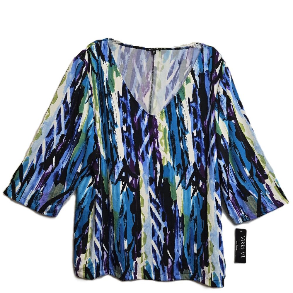 VIKKI VI Multicolor Flowing 3/4 Sleeve, V-neck, Pullover Blouse/Top. Size 3X